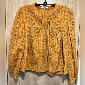 Madewell Eyelet double-tie peasant blouse, top. Medium, mustard color.